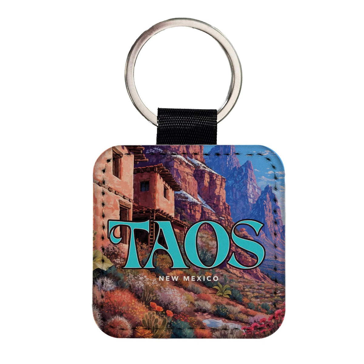 Taos New Mexico Travel Square Faux Leather Keychain