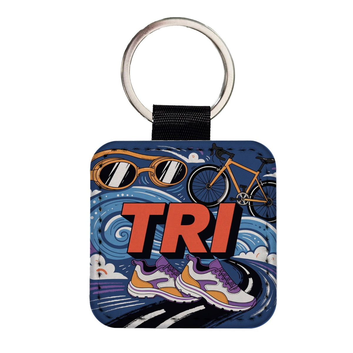 Triathlon Swim Bike Run Square Faux Leather Keychain