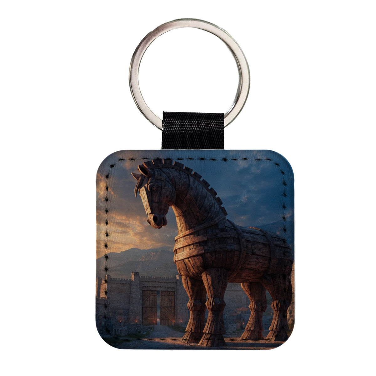Trojan Horse Ancient Troy Greek Square Faux Leather Keychain
