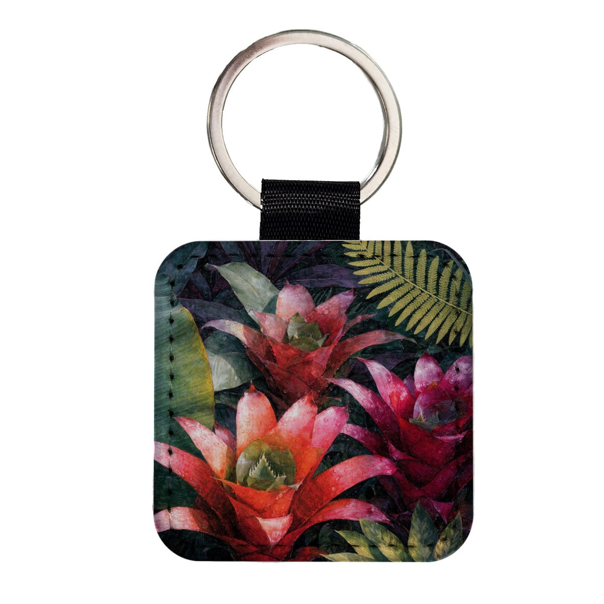 Tropical Bromeliad Garden Square Faux Leather Keychain