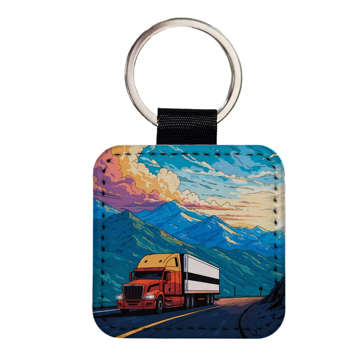 Truck Driver Semi Truck Square Faux Leather Keychain