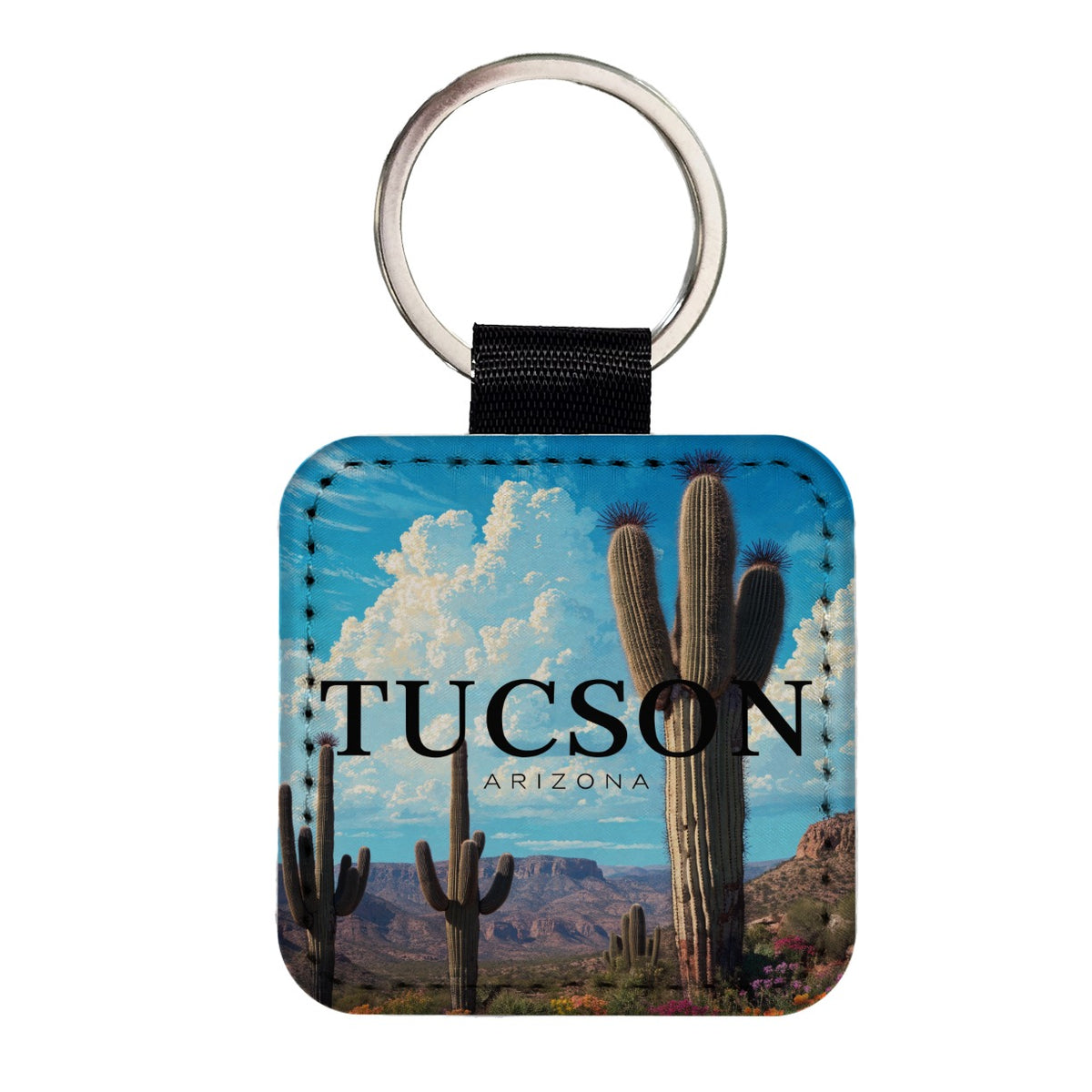 Tucson Arizona Travel Square Faux Leather Keychain