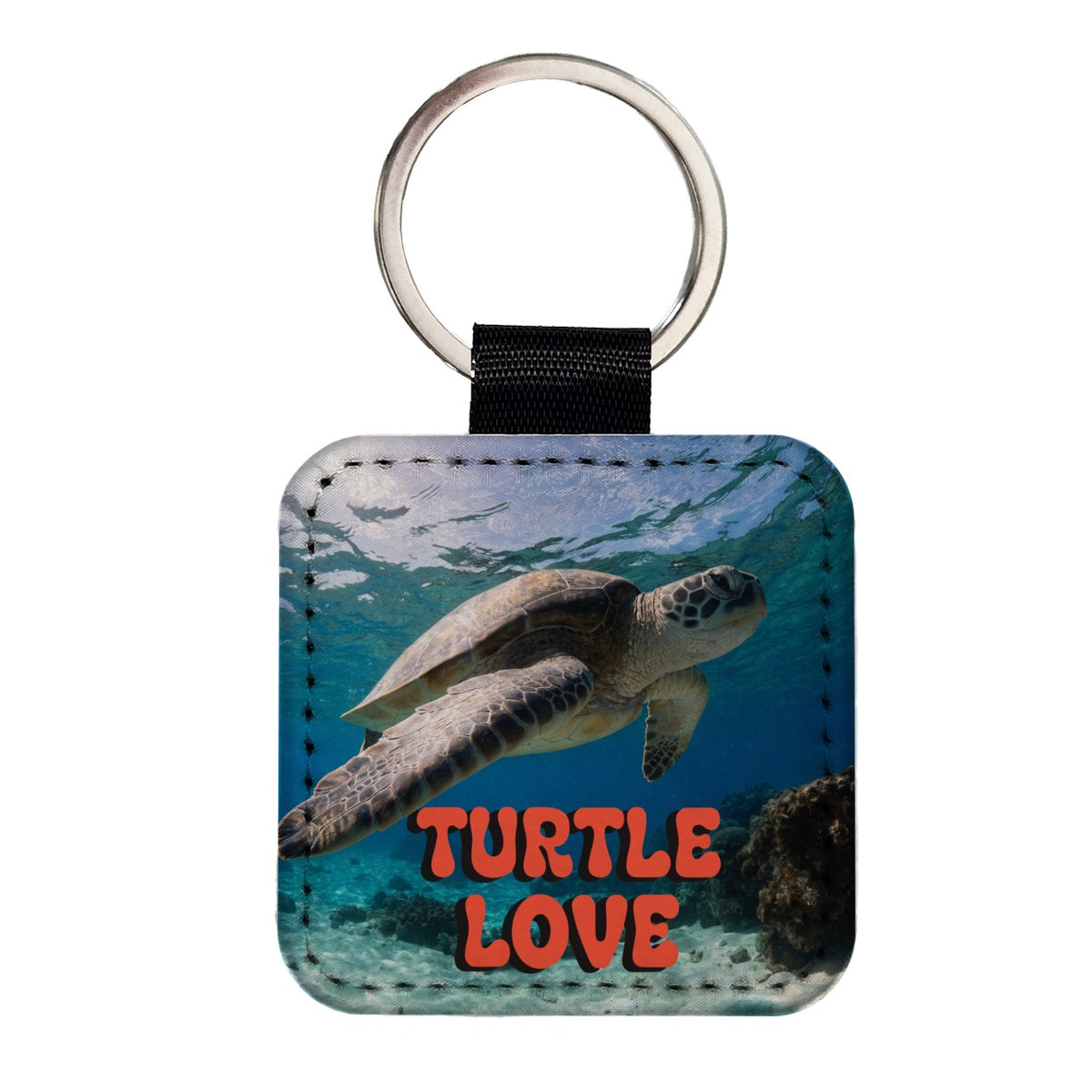 Turtle Love Swimming Fun Square Faux Leather Keychain