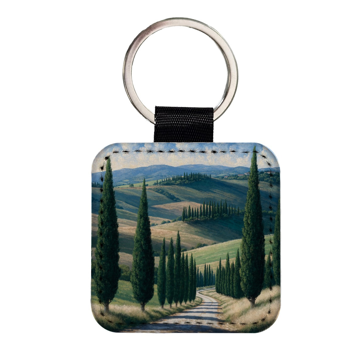 Tuscan Cypress Countryside Square Faux Leather Keychain