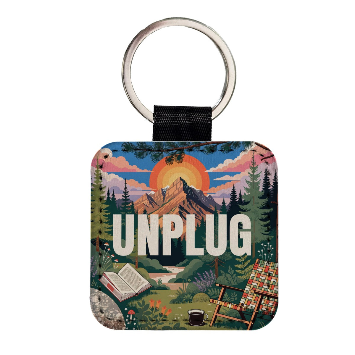 Unplug Cozy Camping Book Square Faux Leather Keychain