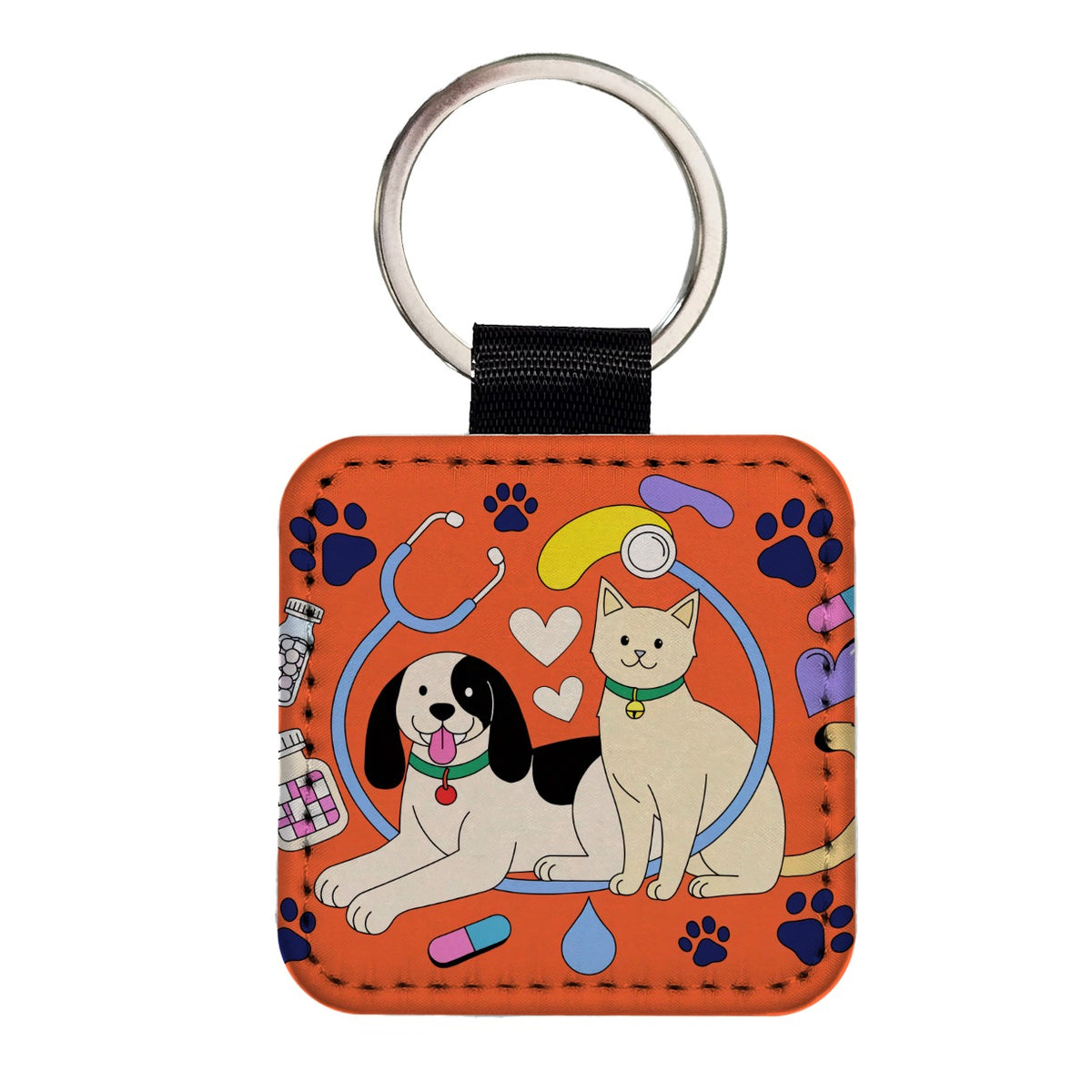 Veterinarian Animal Lover Square Faux Leather Keychain