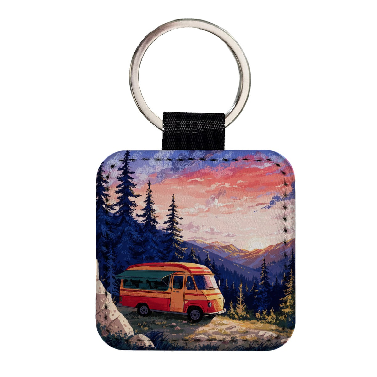 Vintage Camper Adventure Square Faux Leather Keychain
