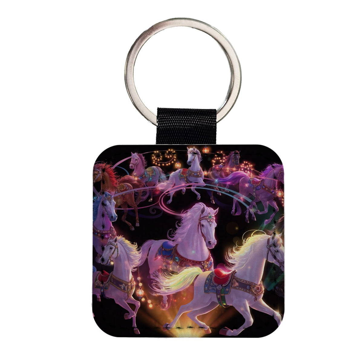 Vintage Carousel Horses Square Faux Leather Keychain