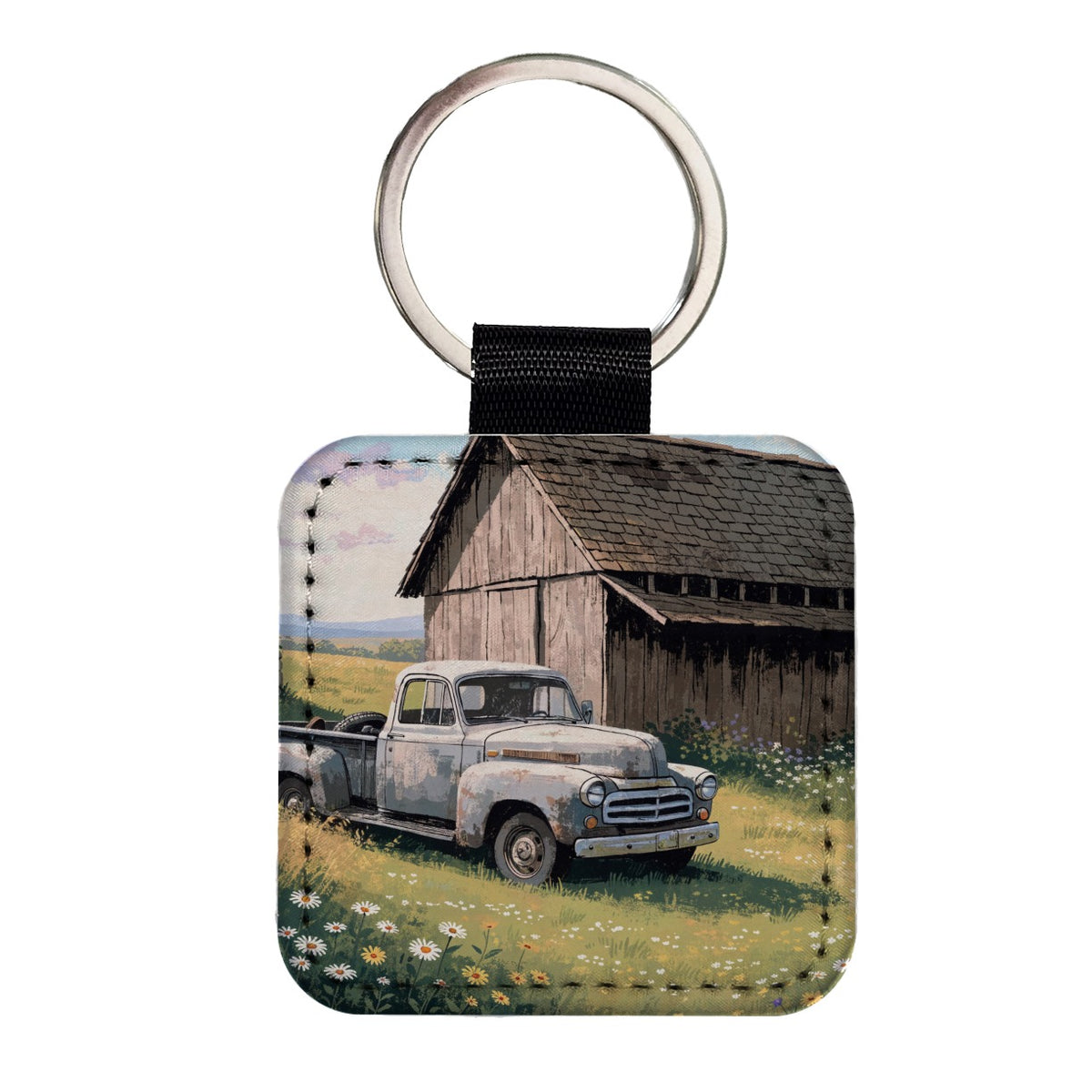 Vintage Farm Truck Rustic Barn Square Faux Leather Keychain