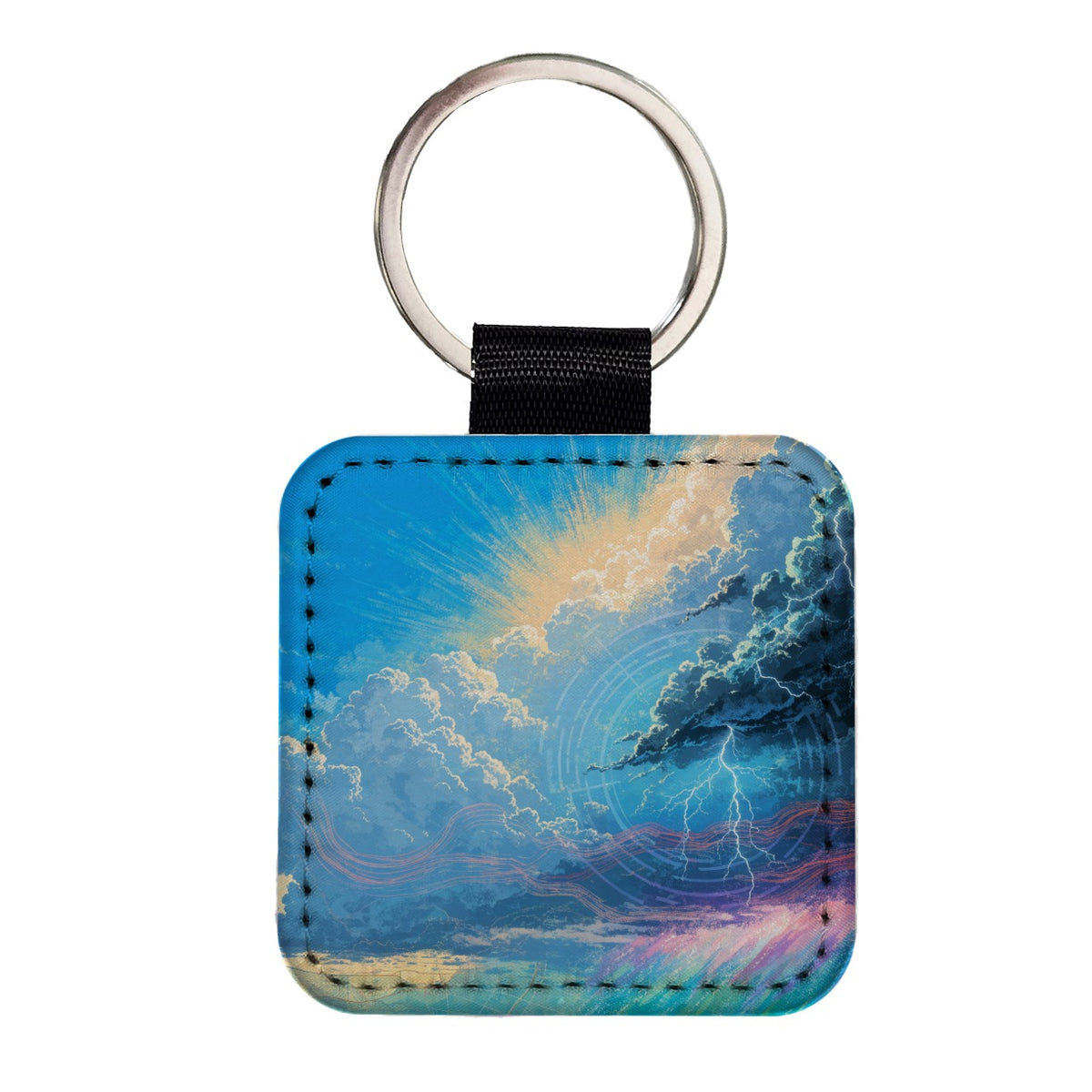 Weather Stormy Sky Lightning Square Faux Leather Keychain