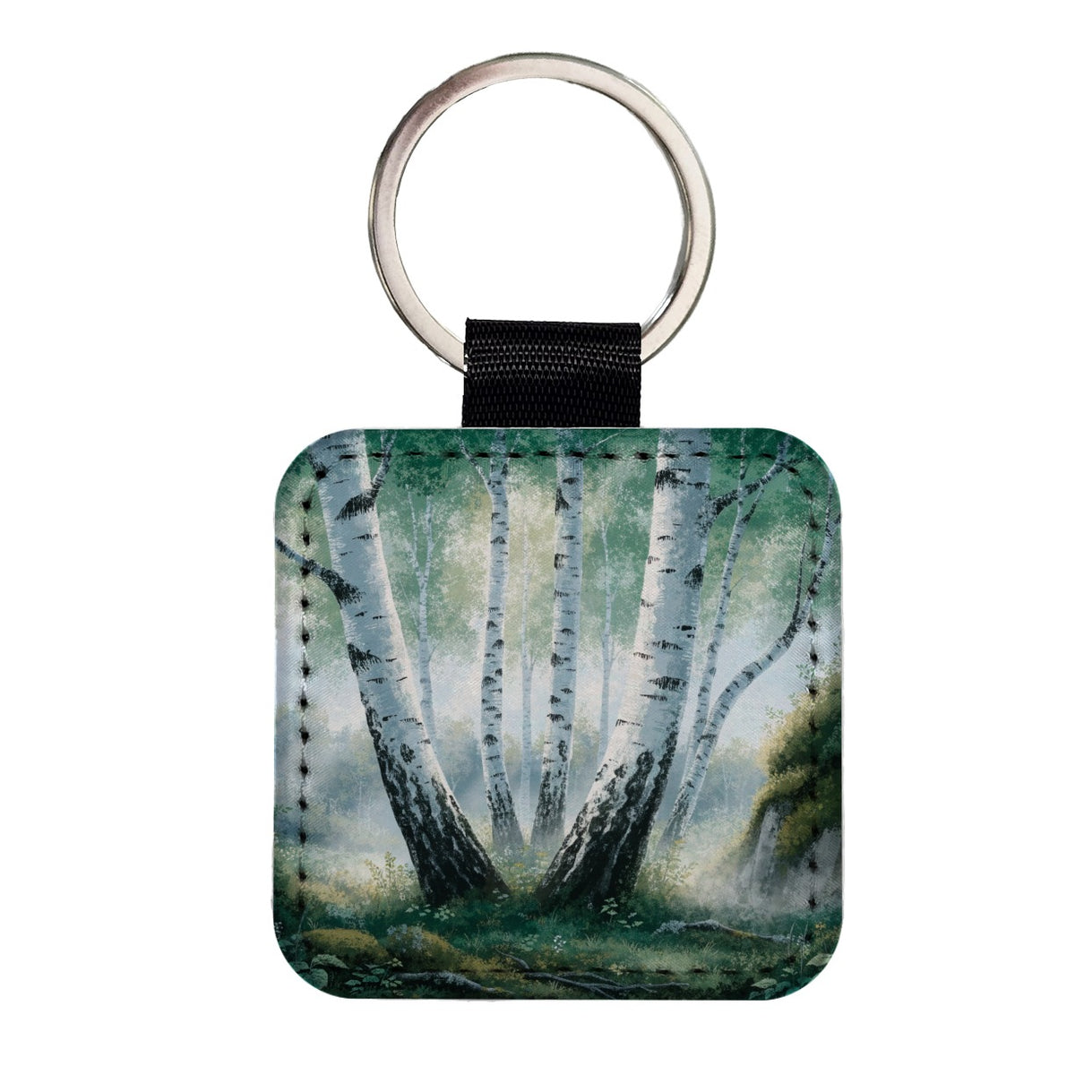 White Birch Trees Forest Square Faux Leather Keychain