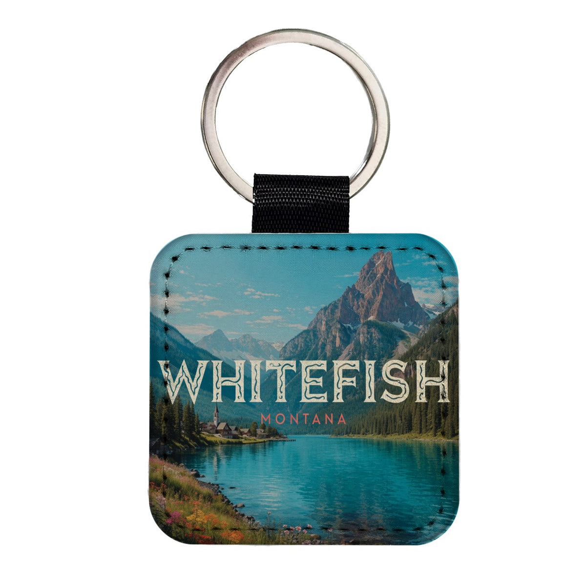Whitefish Montana Travel Square Faux Leather Keychain