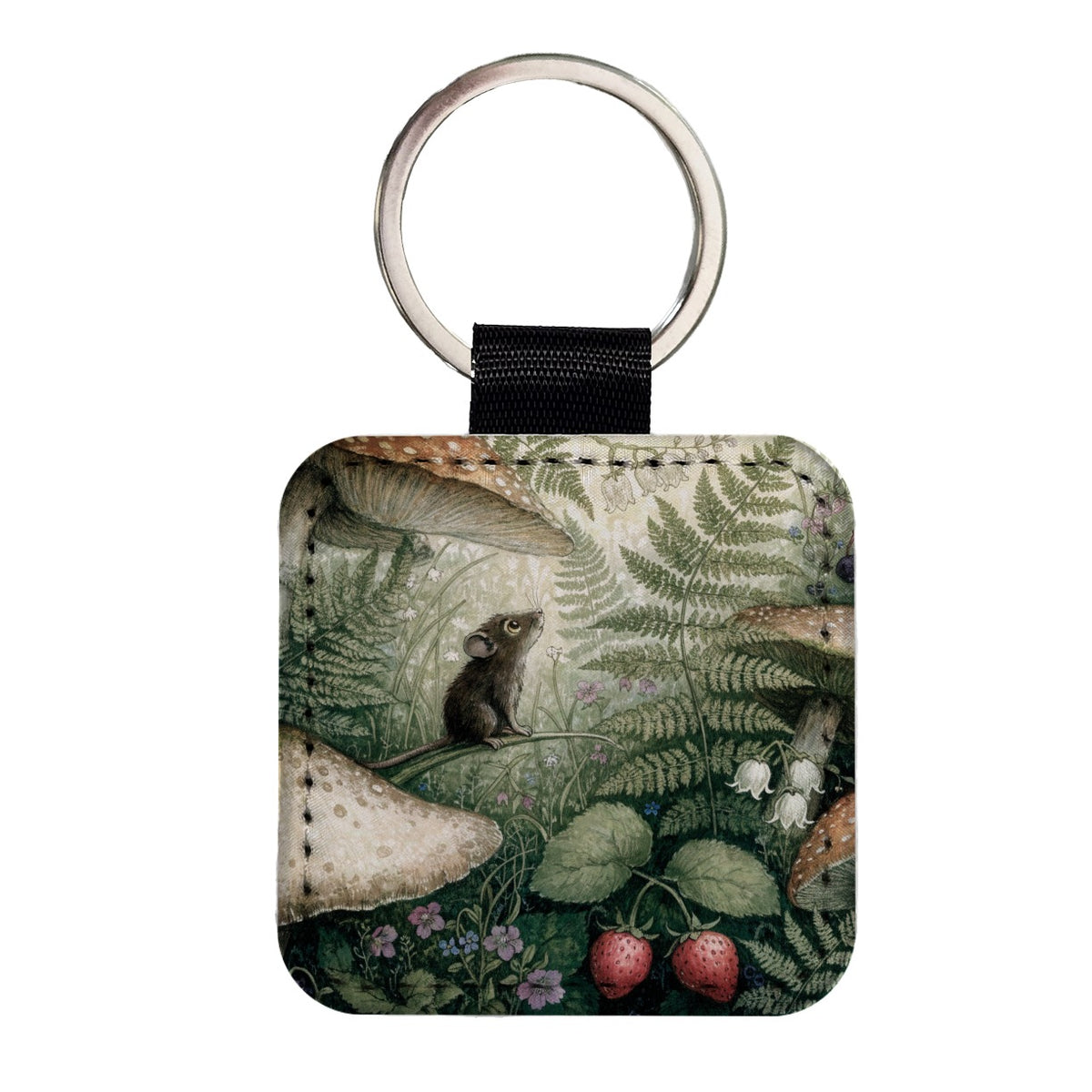 Woodland Mouse Mushroom Garden Square Faux Leather Keychain