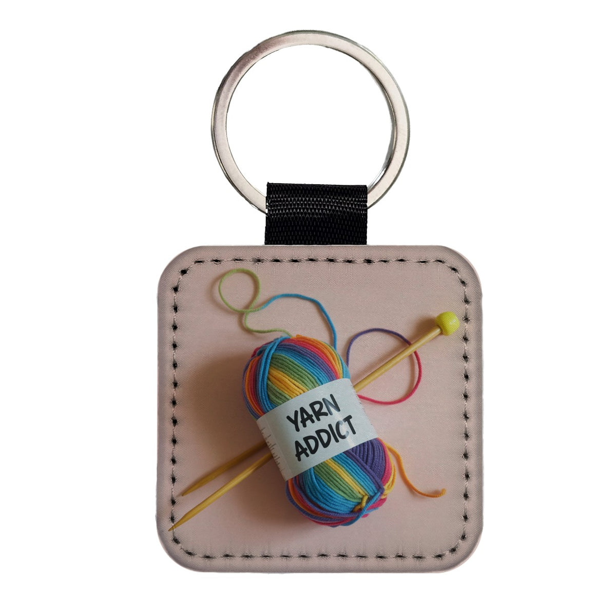 Yarn Addict Knitting Knitter Crochet Square Faux Leather Keychain