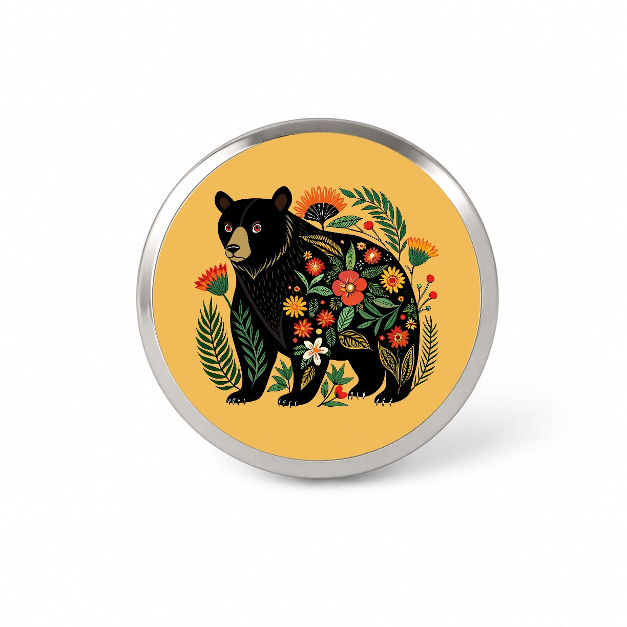 Black Bear Floral Motif Novelty Hat Backpack Lapel Pin