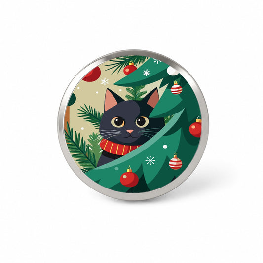 Black Cat Hiding in Christmas Tree Novelty Hat Backpack Lapel Pin