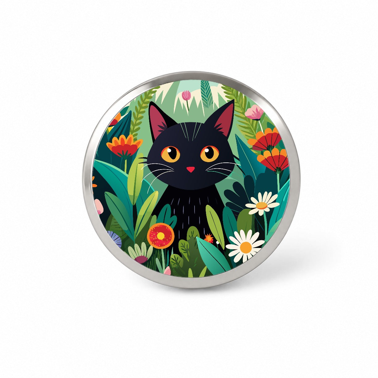 Black Cat Hiding in Flower Garden Novelty Hat Backpack Lapel Pin