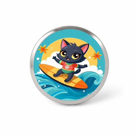 Black Cat Kitty Girl Surfing Novelty Hat Backpack Lapel Pin