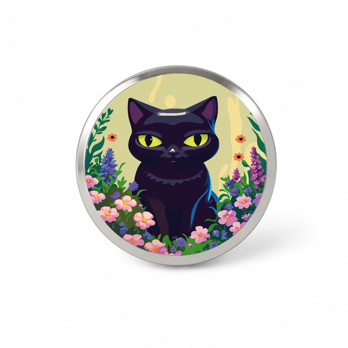 Black White Cat in Flower Garden Novelty Hat Backpack Lapel Pin