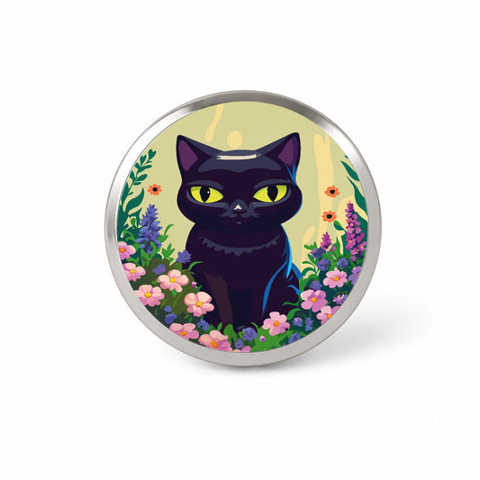 Black White Cat in Flower Garden Novelty Hat Backpack Lapel Pin
