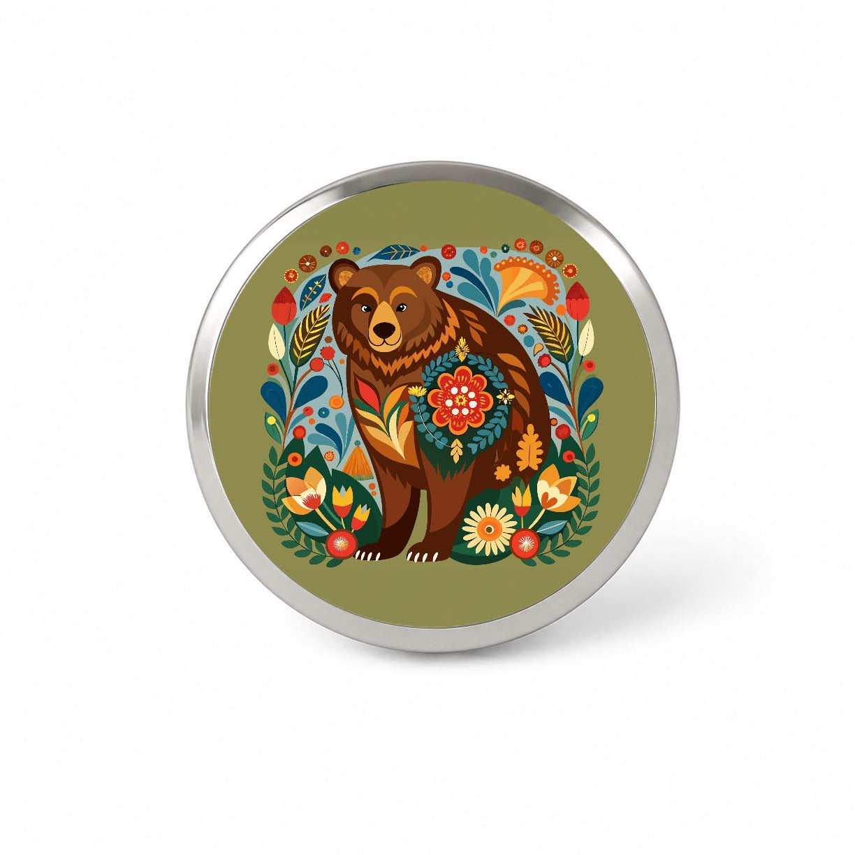 Brown Bear Floral Motif Novelty Hat Backpack Lapel Pin