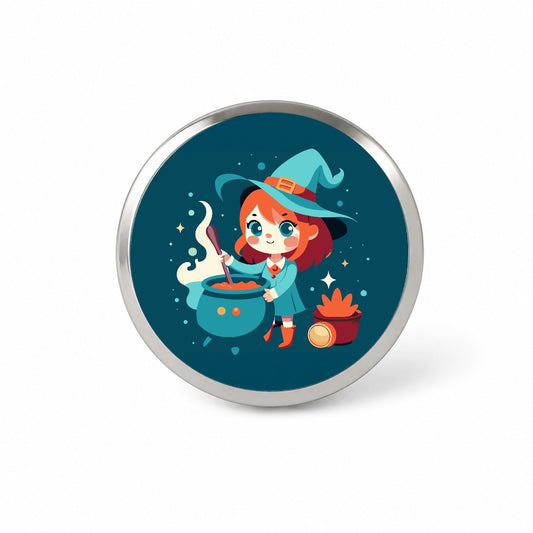 Cute Witch Stirring Cauldron Halloween Novelty Hat Backpack Lapel Pin