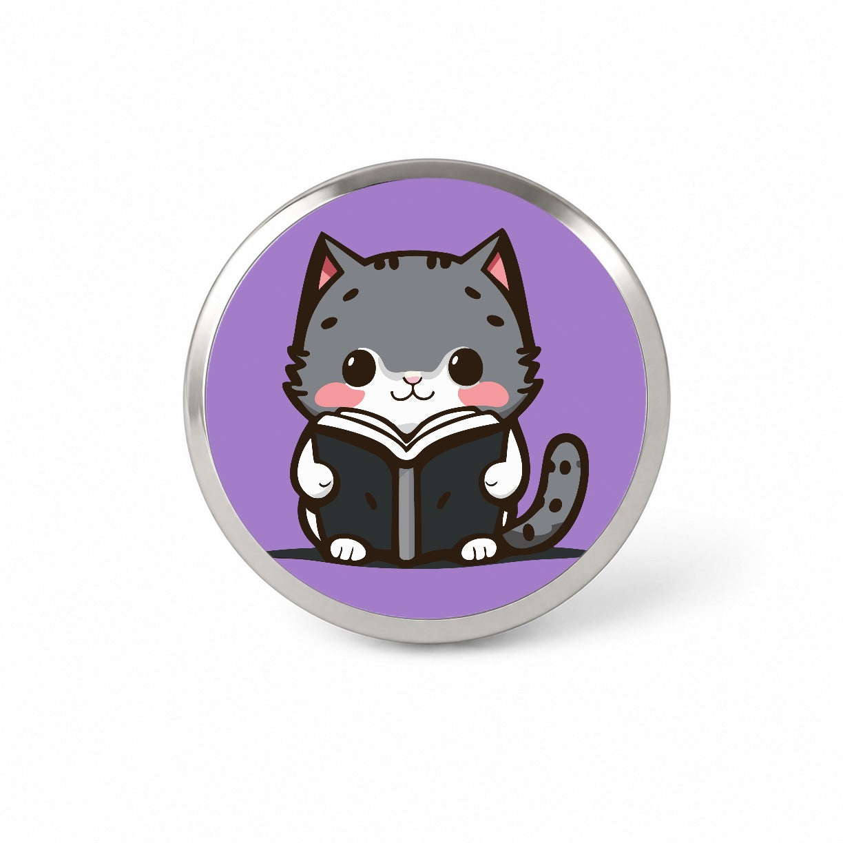 Gray Cat Reading Book Novelty Hat Backpack Lapel Pin