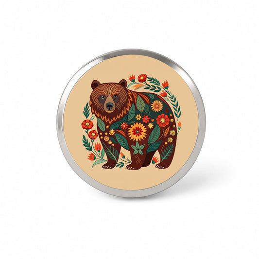 Grizzly Bear Floral Motif Novelty Hat Backpack Lapel Pin