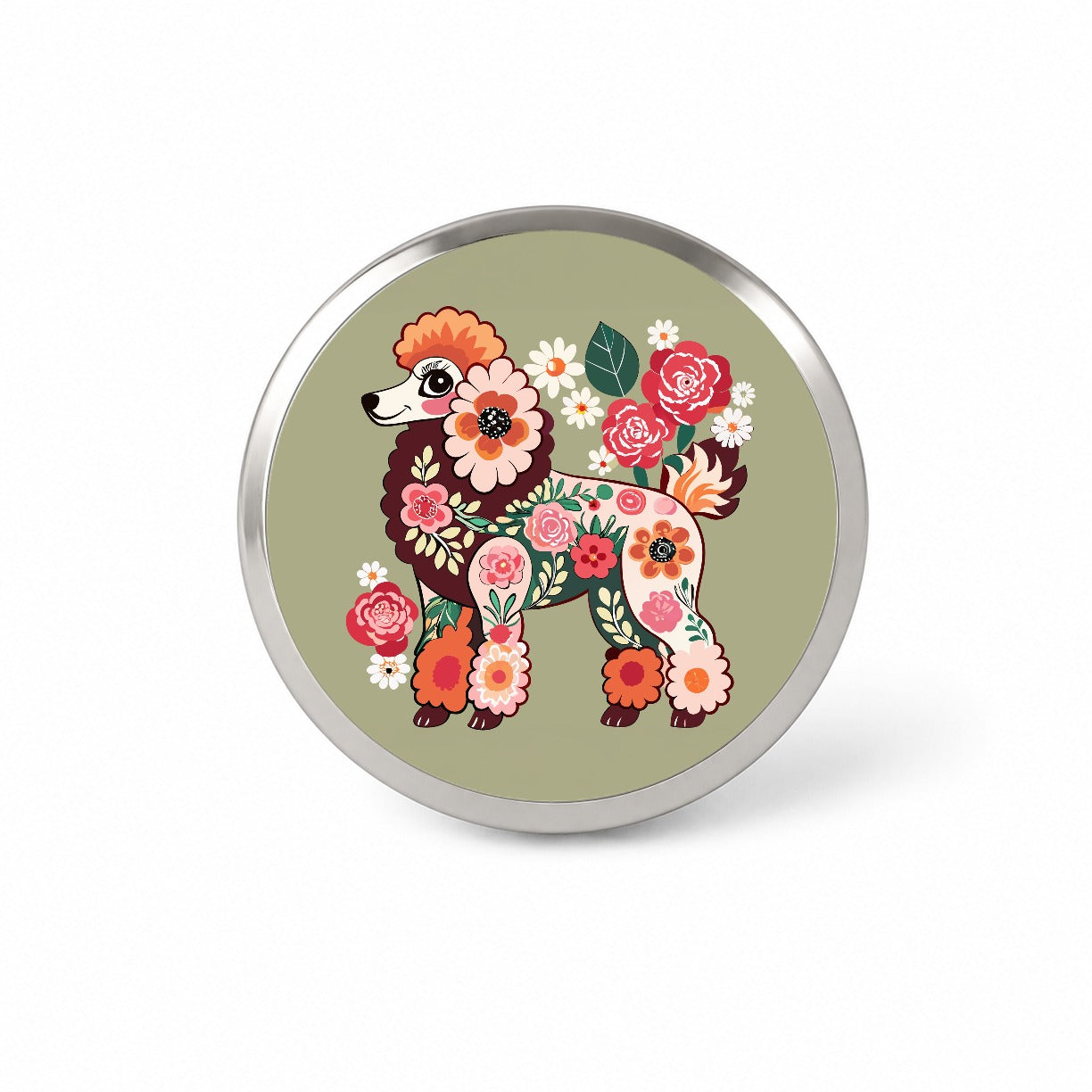 Poodle Dog Floral Motif Novelty Hat Backpack Lapel Pin