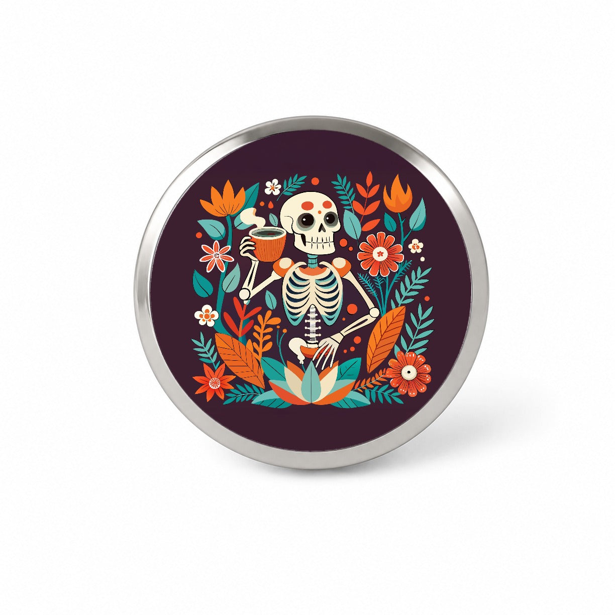 Skeleton Drinking Tea Funny Floral Flowers Novelty Hat Backpack Lapel Pin
