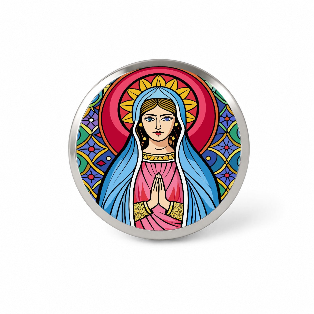 Virgin Mary Stained Glass Christian Religious Catholic Novelty Hat Backpack Lapel Pin