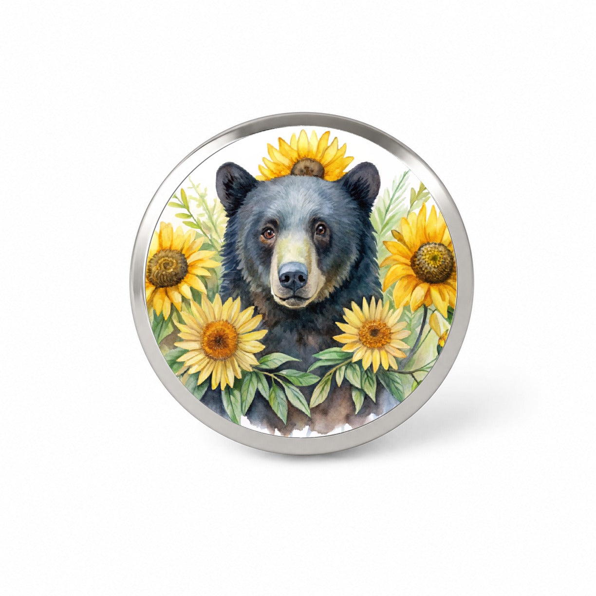 Black Bear Watercolor Design With Sunflowers Novelty Hat Backpack Lapel Pin