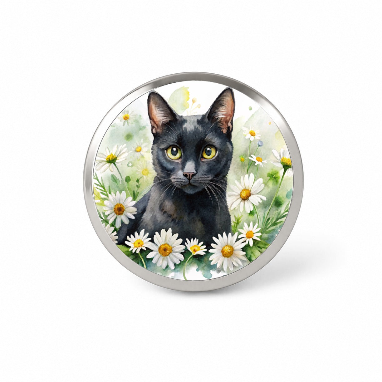 Black Cat Watercolor Design With Daisies Novelty Hat Backpack Lapel Pin