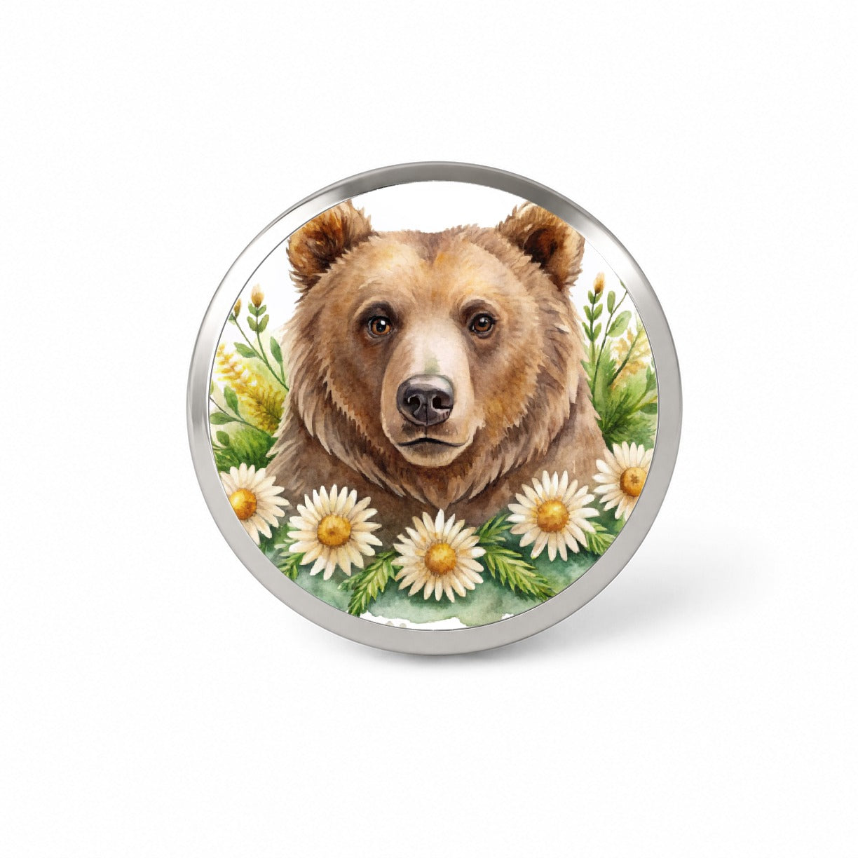 Brown Bear Watercolor Design With Daisies Novelty Hat Backpack Lapel Pin