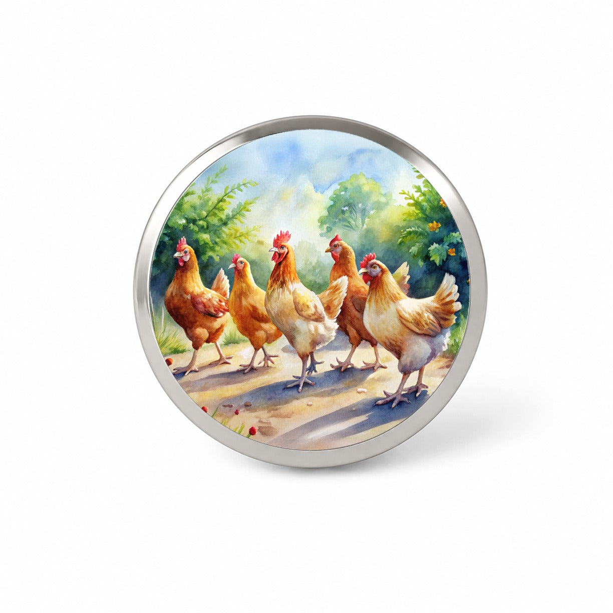 Chickens Walking Around Watercolor Novelty Hat Backpack Lapel Pin