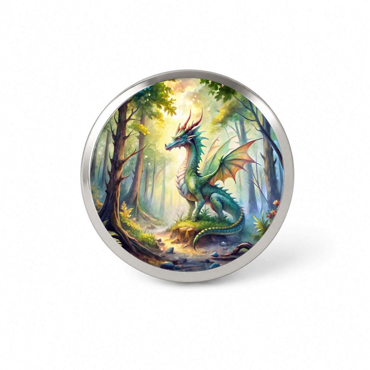 Green Dragon In Forest Watercolor Fantasy Novelty Hat Backpack Lapel Pin