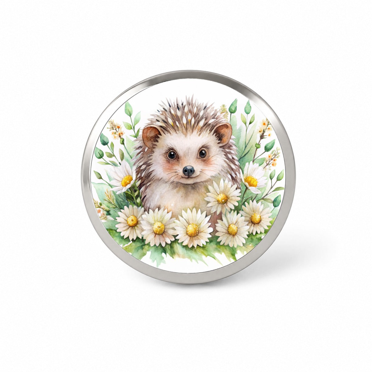 Hedgehog Watercolor Design With Daisies Novelty Hat Backpack Lapel Pin