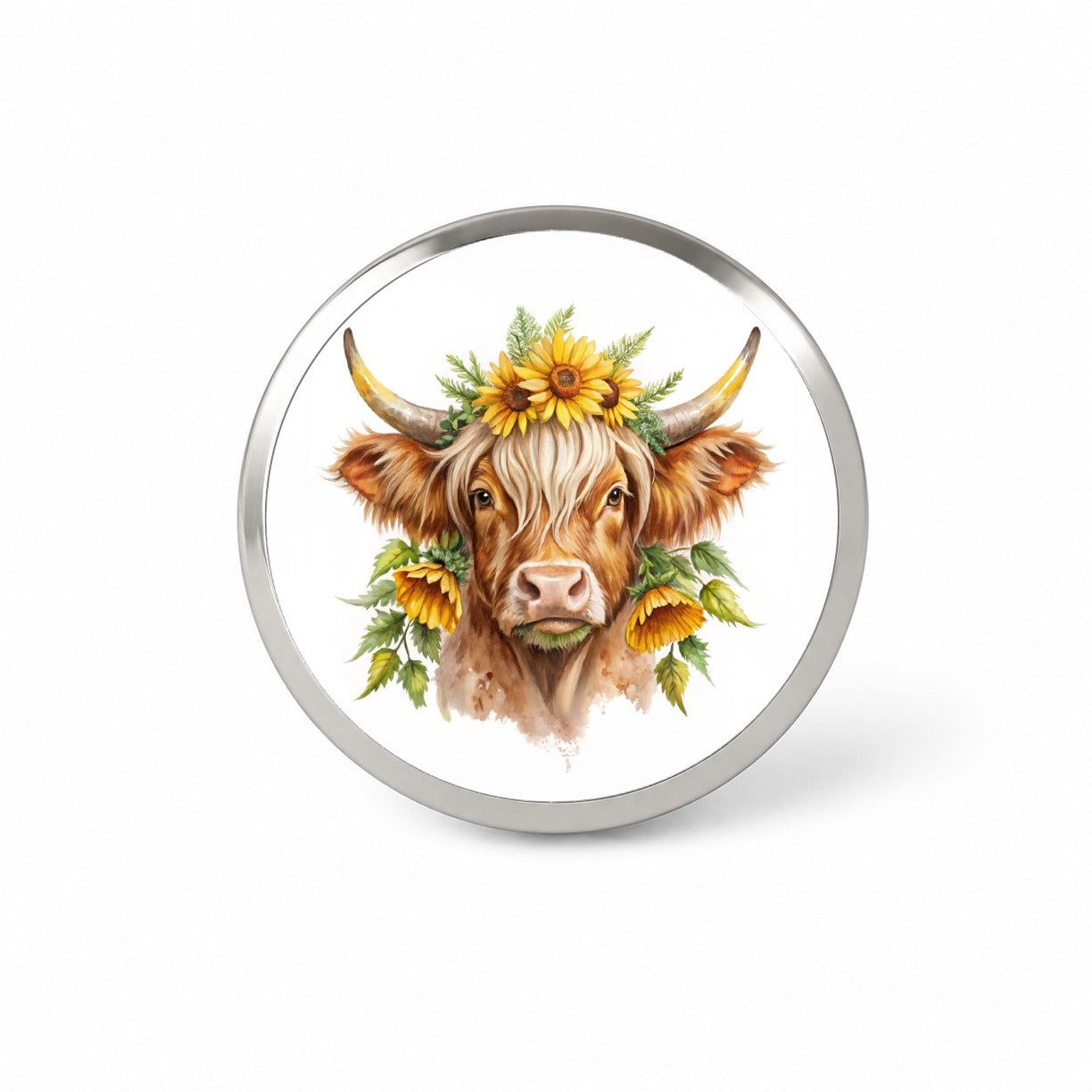 Highland Cow Watercolor Design With Sunflowers Novelty Hat Backpack Lapel Pin
