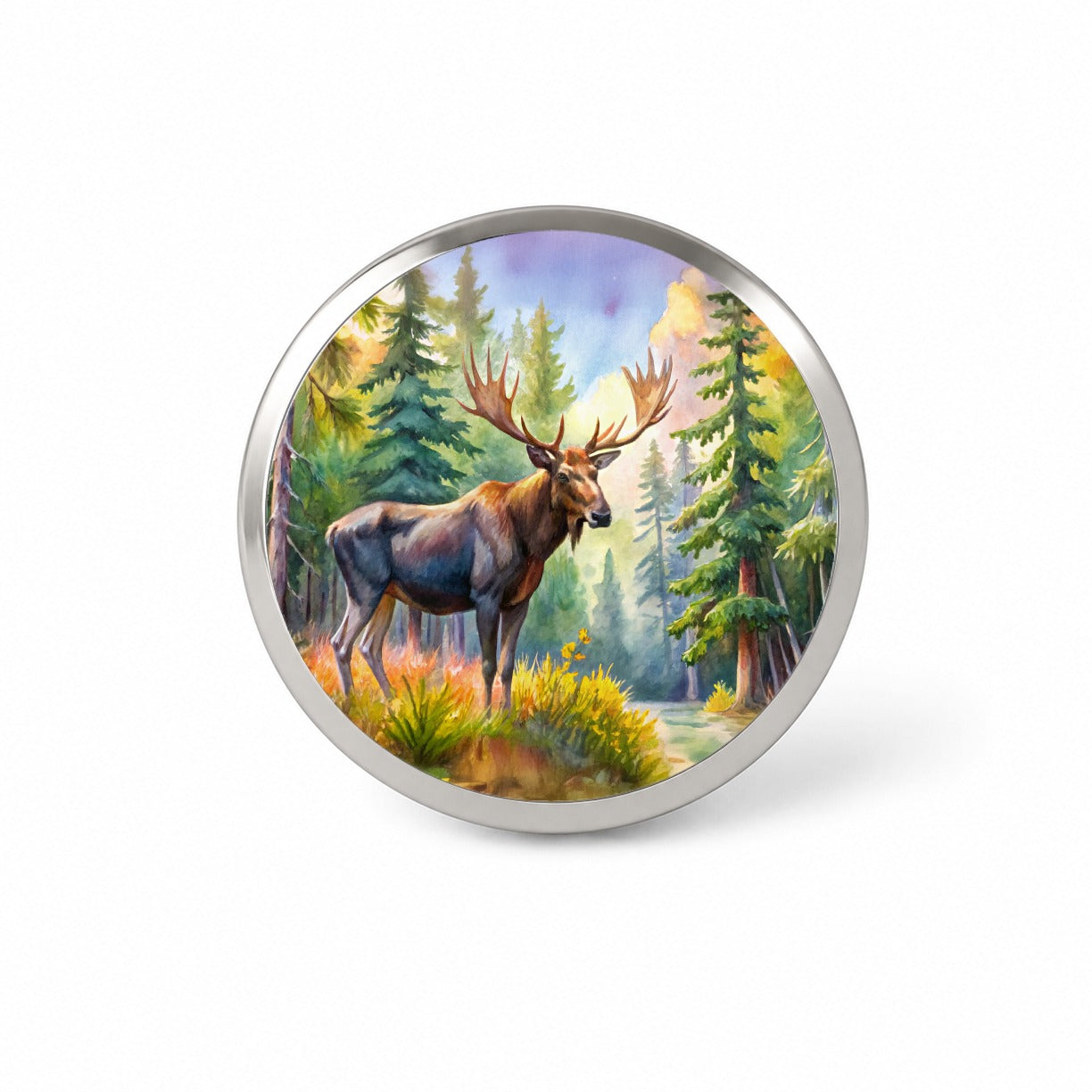 Moose In Forest Watercolor Novelty Hat Backpack Lapel Pin