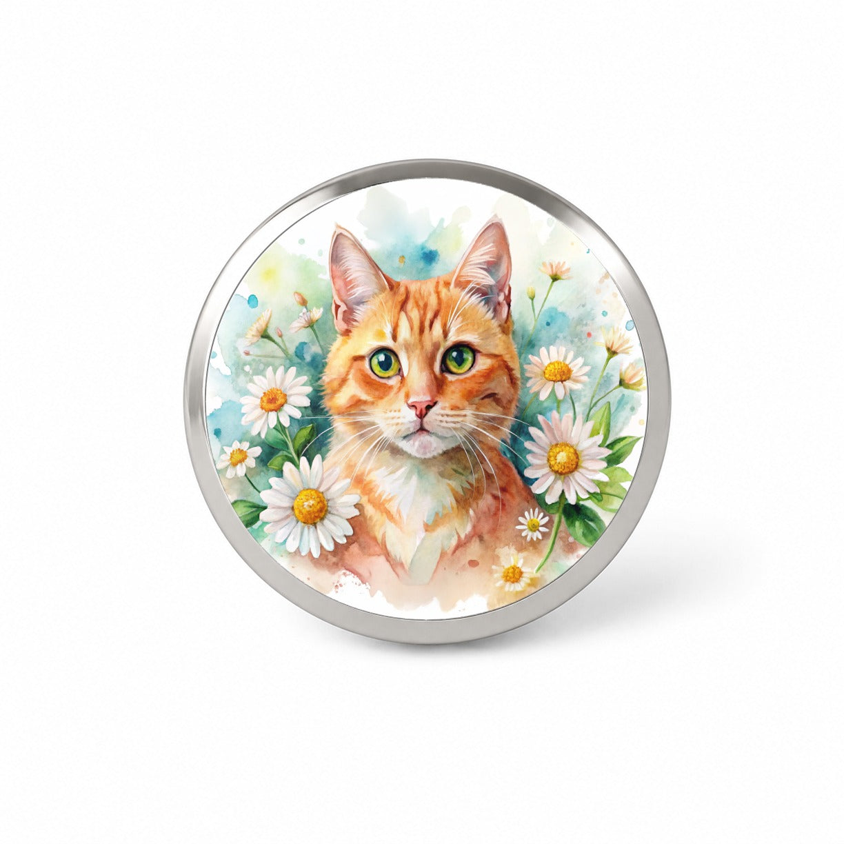Orange Cat Watercolor Design With Daisies Novelty Hat Backpack Lapel Pin