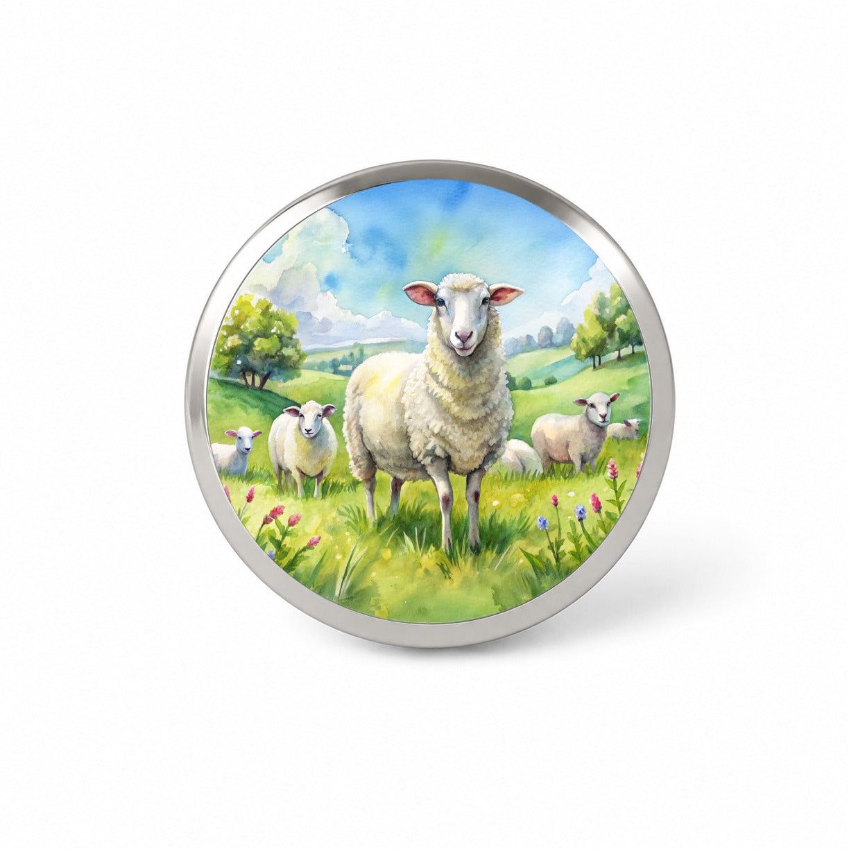 Sheep In Meadow Watercolor Design Novelty Hat Backpack Lapel Pin