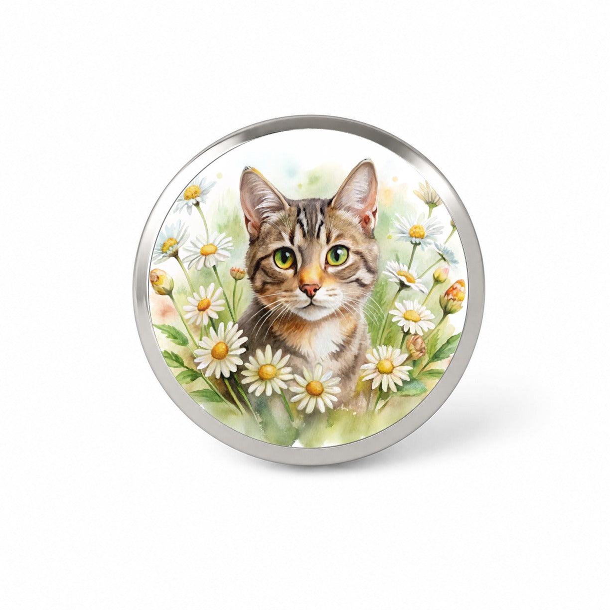 Tabby Cat Watercolor Design With Daisies Novelty Hat Backpack Lapel Pin