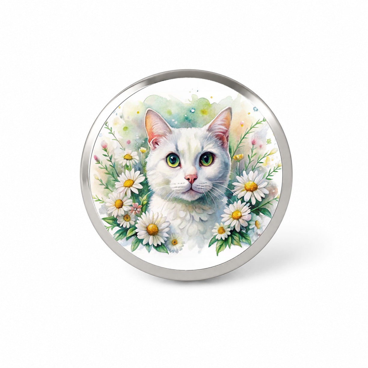 White Cat Watercolor Design With Daisies Novelty Hat Backpack Lapel Pin