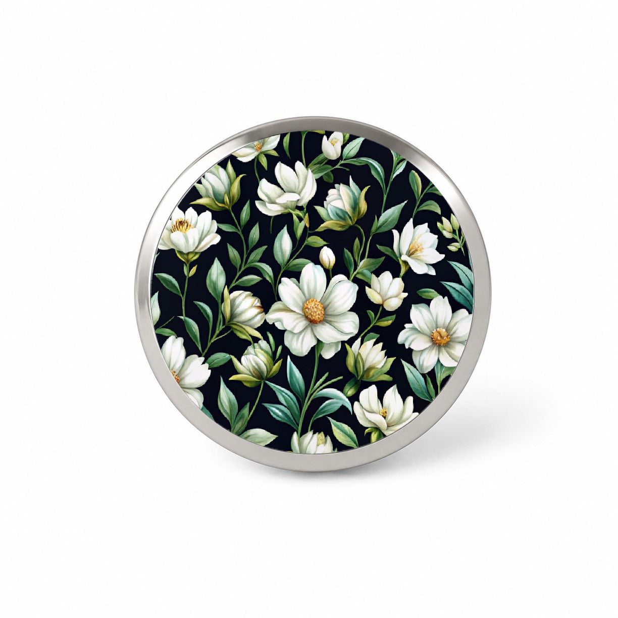White Flowers Black Background Novelty Hat Backpack Lapel Pin