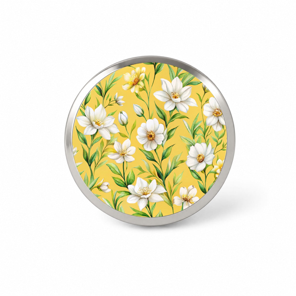 White Flowers Yellow Background Novelty Hat Backpack Lapel Pin