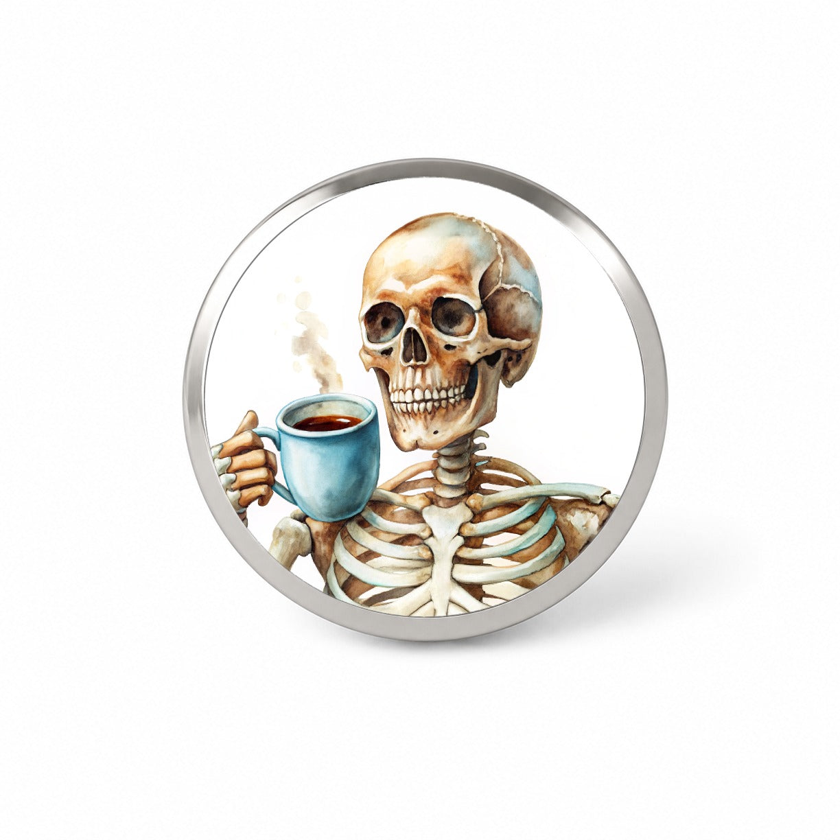 Skeleton Drinking Coffee Watercolor Novelty Hat Backpack Lapel Pin