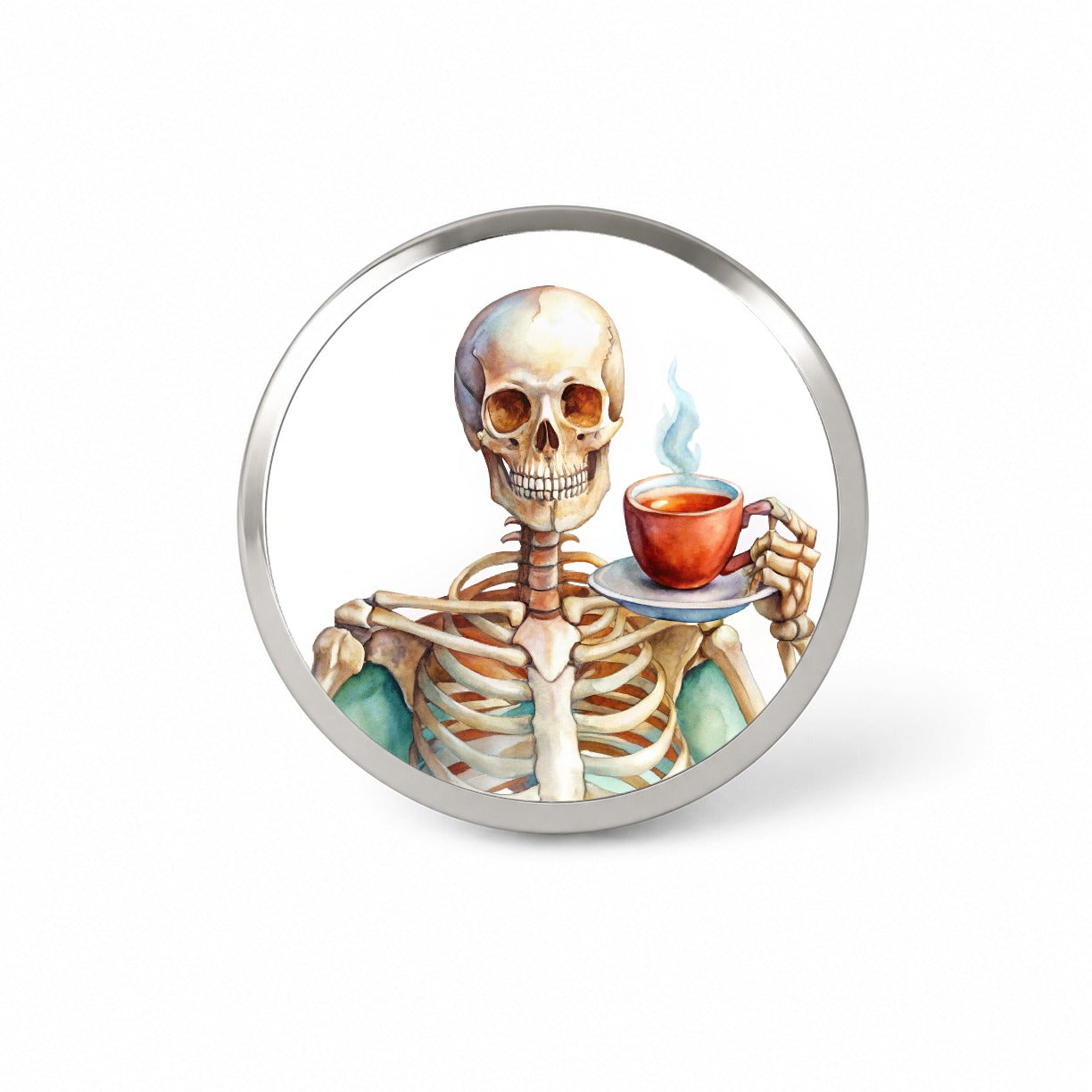 Skeleton Drinking Tea Watercolor Novelty Hat Backpack Lapel Pin
