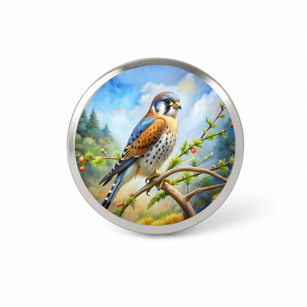 American Kestrel Raptor Bird Of Prey In Tree Scene Watercolor Novelty Hat Backpack Lapel Pin