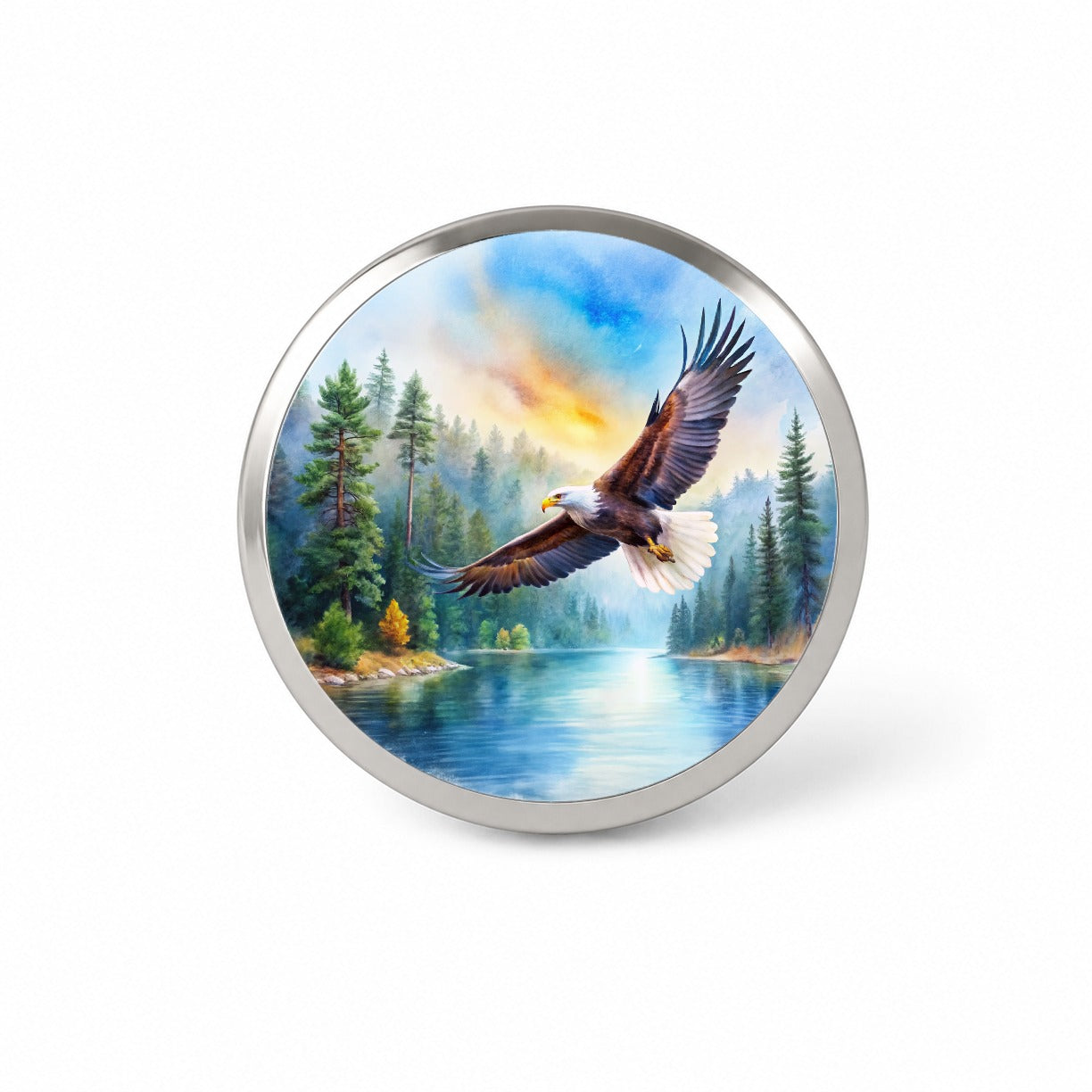 Bald Eagle Flying With Forest Lake Watercolor Novelty Hat Backpack Lapel Pin