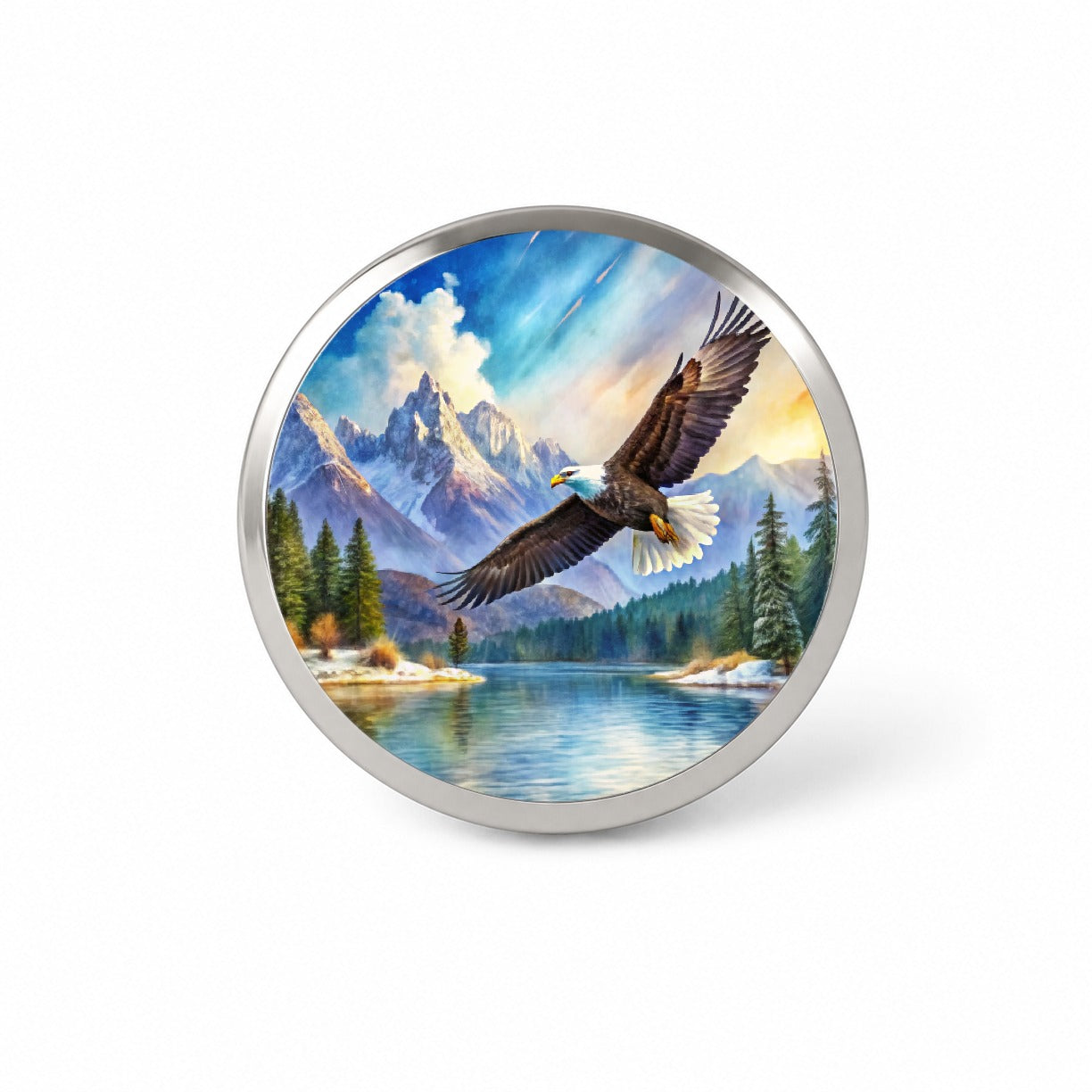 Bald Eagle Flying With Mountains Lake Watercolor Novelty Hat Backpack Lapel Pin